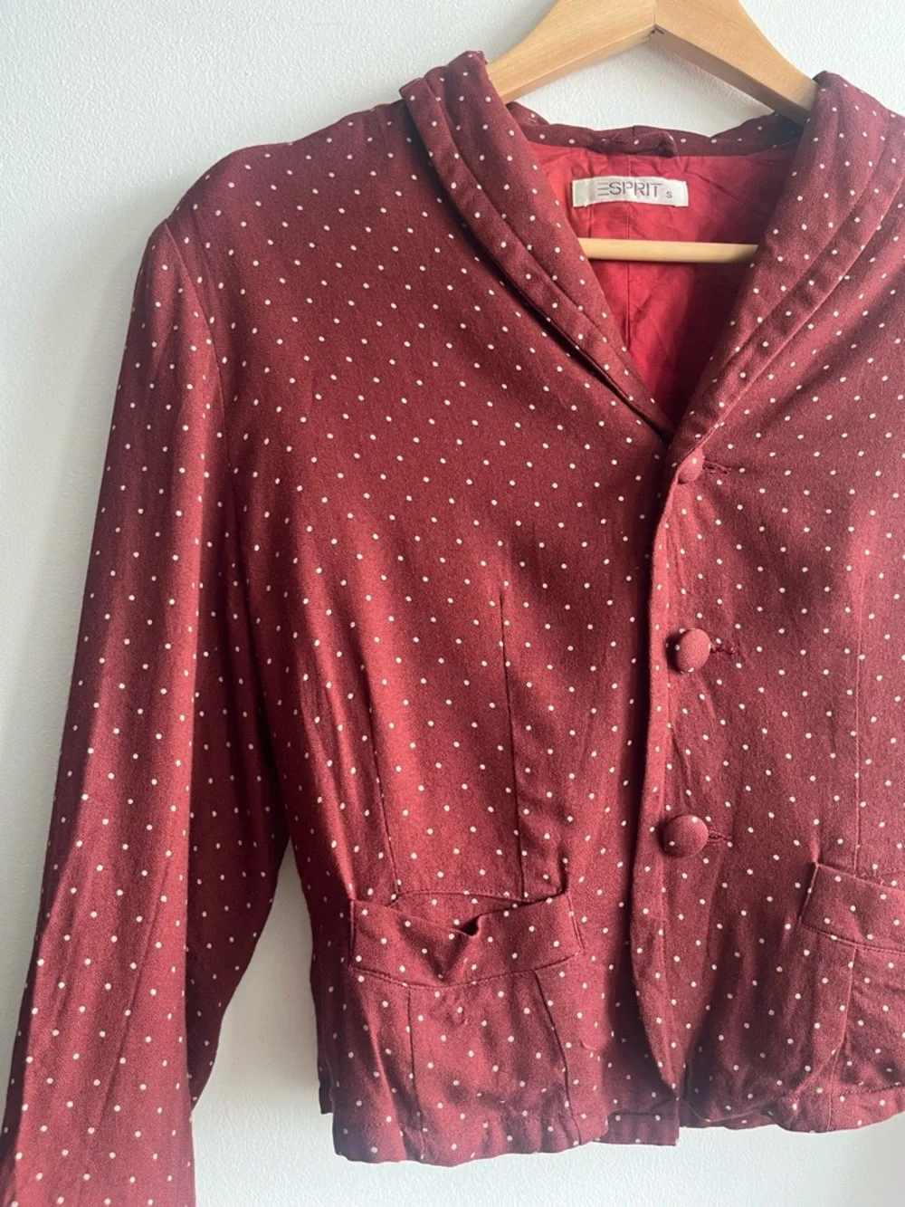 Vintage Esprit Polka Dot Burgundy Cropped Blazer Women Size S Spring Trend ❤️ - Picture 7 of 15
